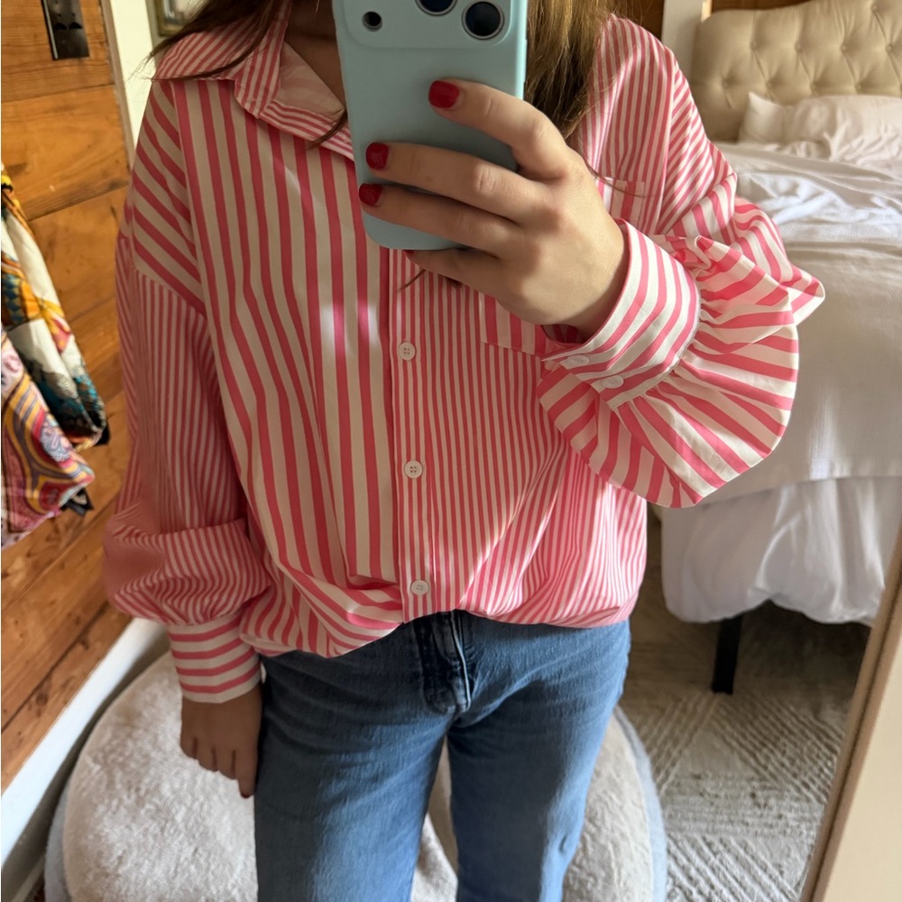 Pink & White Striped Button-Down Blouse